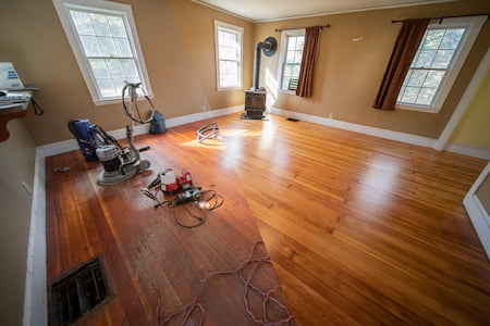 Refinish worn oak floors before and after