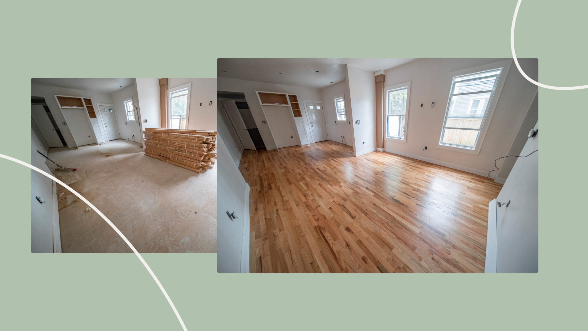 Room before and after installation of hardwood floors