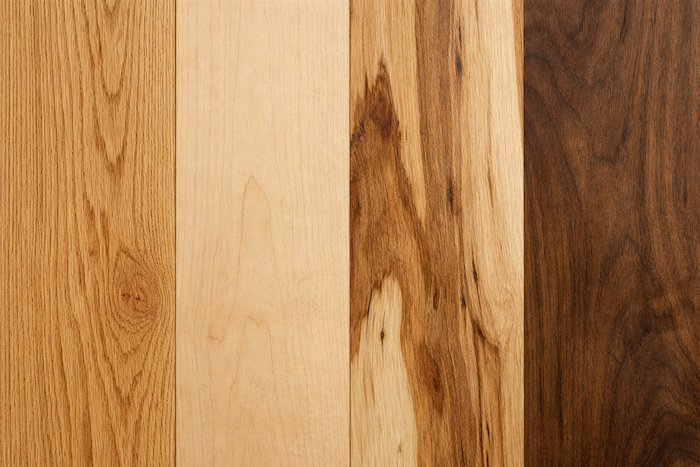 From left to right: oak, maple, hickory, and walnut hardwood planks.