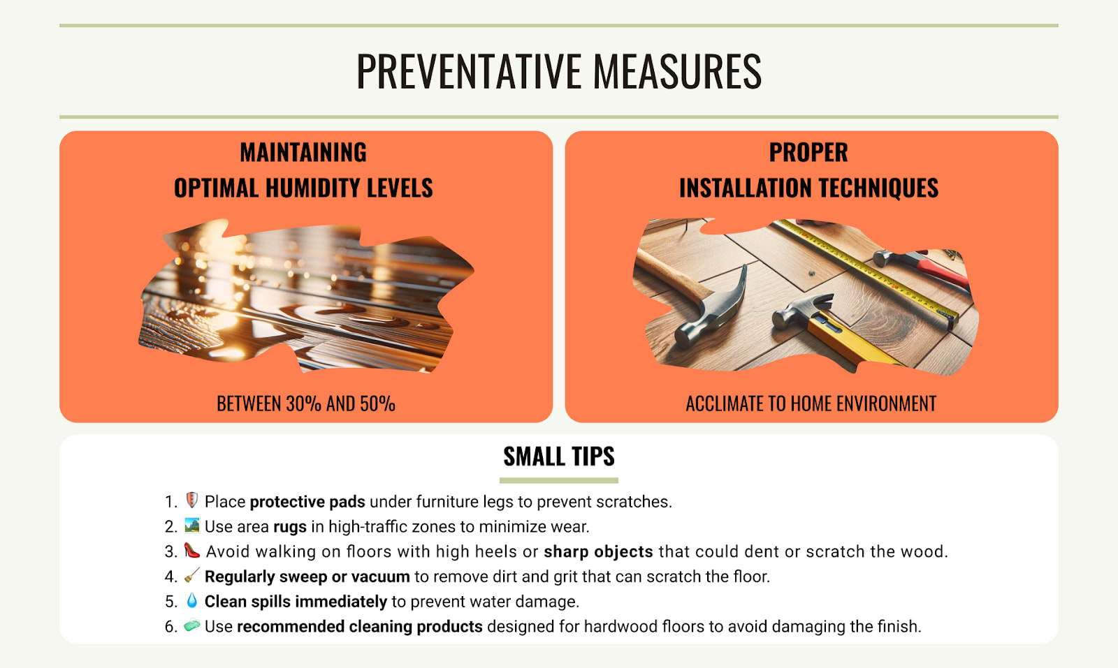 Infographic displaying preventive measures for hardwood floors, including maintaining optimal humidity levels, proper installation techniques, and daily care tips.