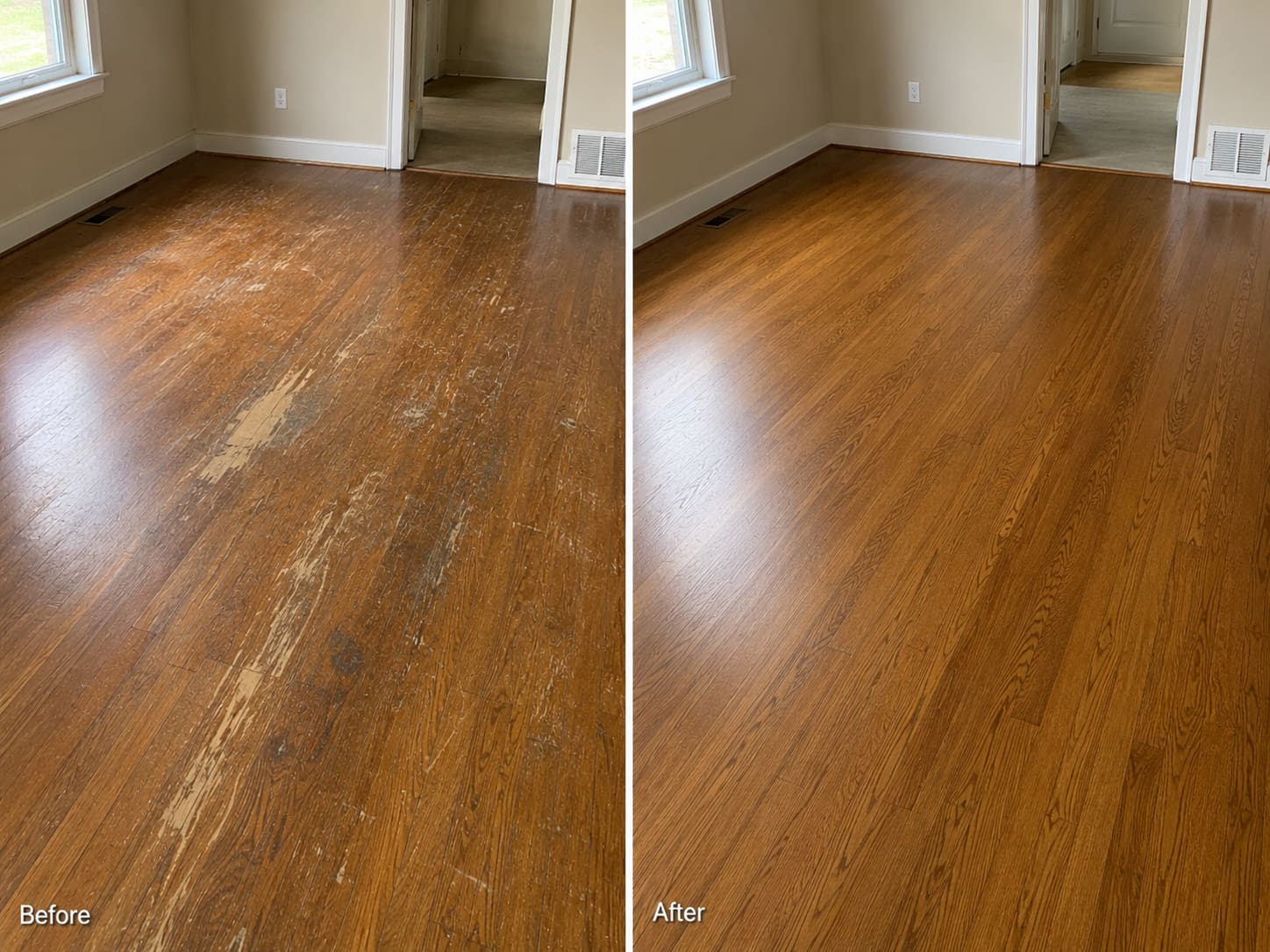 Before and after example of a hardwood floor with light dullness improved by buffing