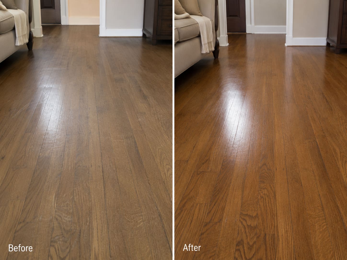 Before and after example of a polyurethane hardwood floor improved with screen and recoat